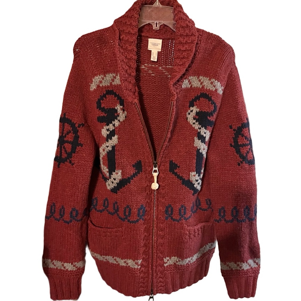 Vintage Scarce Men’s Lambswool Lands End Canvas 1963 Anchor zip cardigan sweater